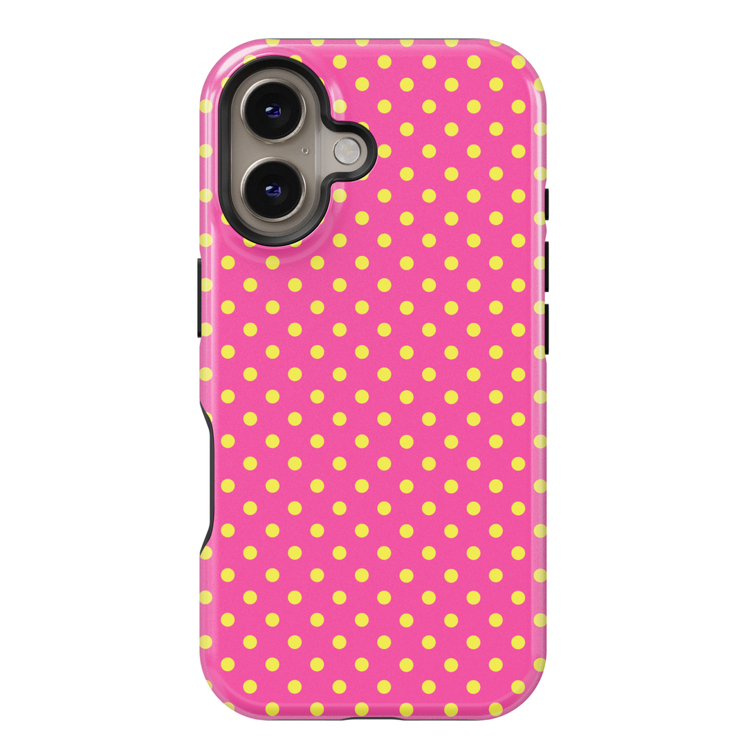 Hot pink and yellow polka dot iPhone case – Colorful tough protective cover for iPhone 15, 14, 13, 12, SE – Cute fun design for girls