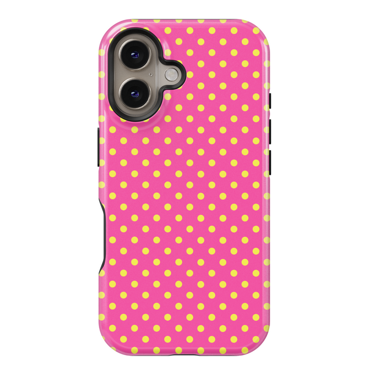Hot pink and yellow polka dot iPhone case – Colorful tough protective cover for iPhone 15, 14, 13, 12, SE – Cute fun design for girls