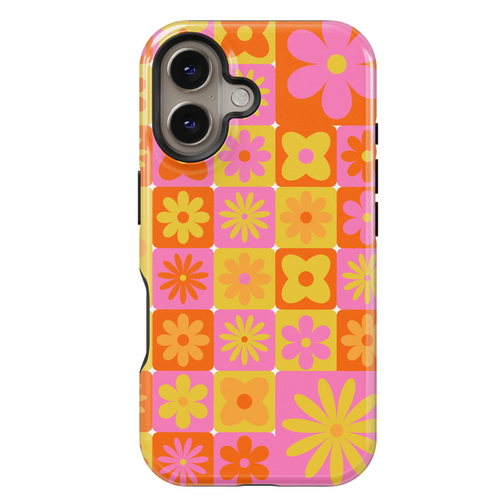 Retro orange pink and yellow floral iPhone 16 case for women – MagSafe compatible, girly flower grid phone case, vibrant glossy iPhone cover