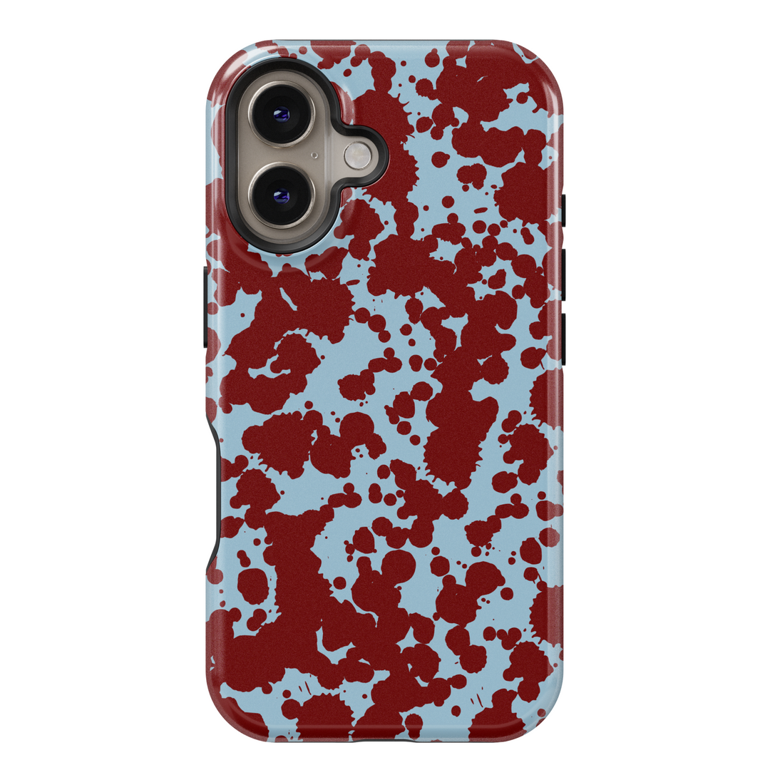 Abstract red paint splatter iPhone case on light blue background – Tough protective phone cover for iPhone 15, 14, 13, 12, 11 models
