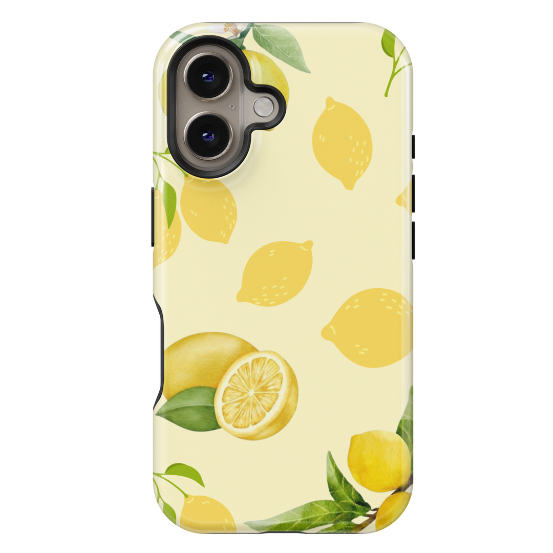 iPhone 16 case with lemon fruit design, yellow citrus pattern phone case for women, cute girly MagSafe iPhone case with soft pastel background