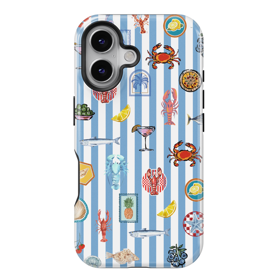 Blue striped iPhone case with coastal seafood and lemon illustrations – Coastal Chow summer phone cover design