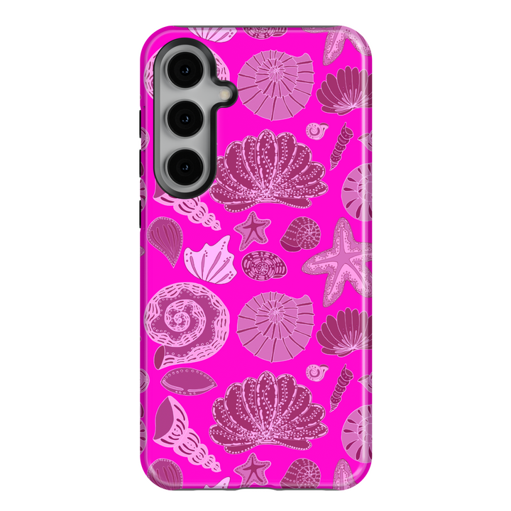 Hot pink Samsung Galaxy S24 Ultra case with lilac seashell and starfish illustrations – beachy aesthetic phone case for Galaxy S25, S24 FE, and more.