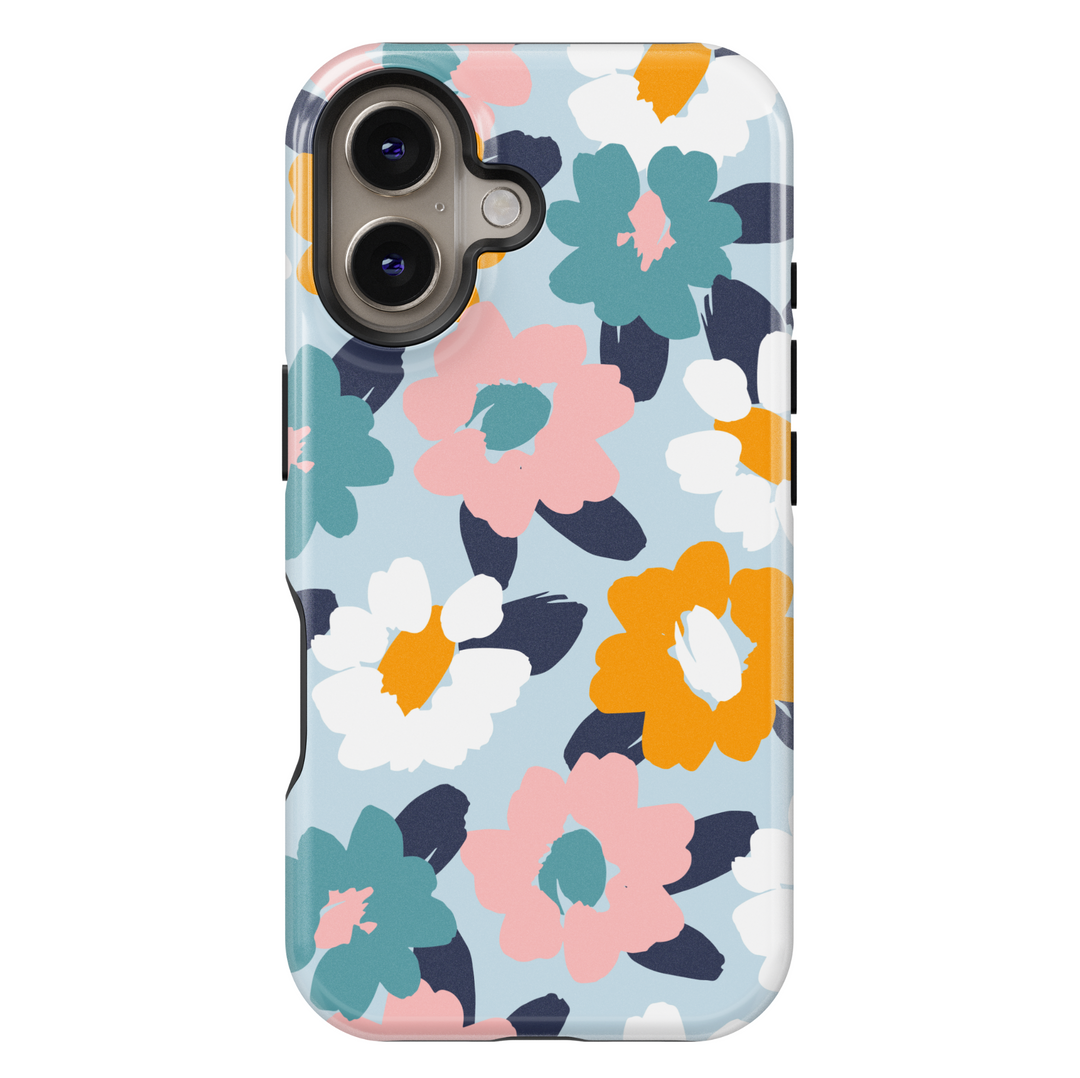 Cute iPhone case with abstract floral print in pastel pink, teal, white, and mustard yellow on a light blue background. Perfect for spring or summer aesthetics.