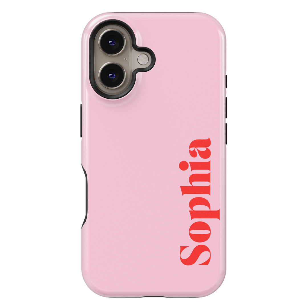 Pink iPhone case with the name Sophia in bold red serif text on the lower right corner, customizable and protective design