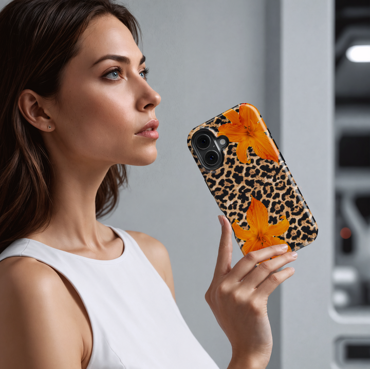 MagSafe iPhone 16 Pro Max case with leopard print and tropical flower design – protective wild aesthetic case for iPhone 15 Pro and iPhone 16e