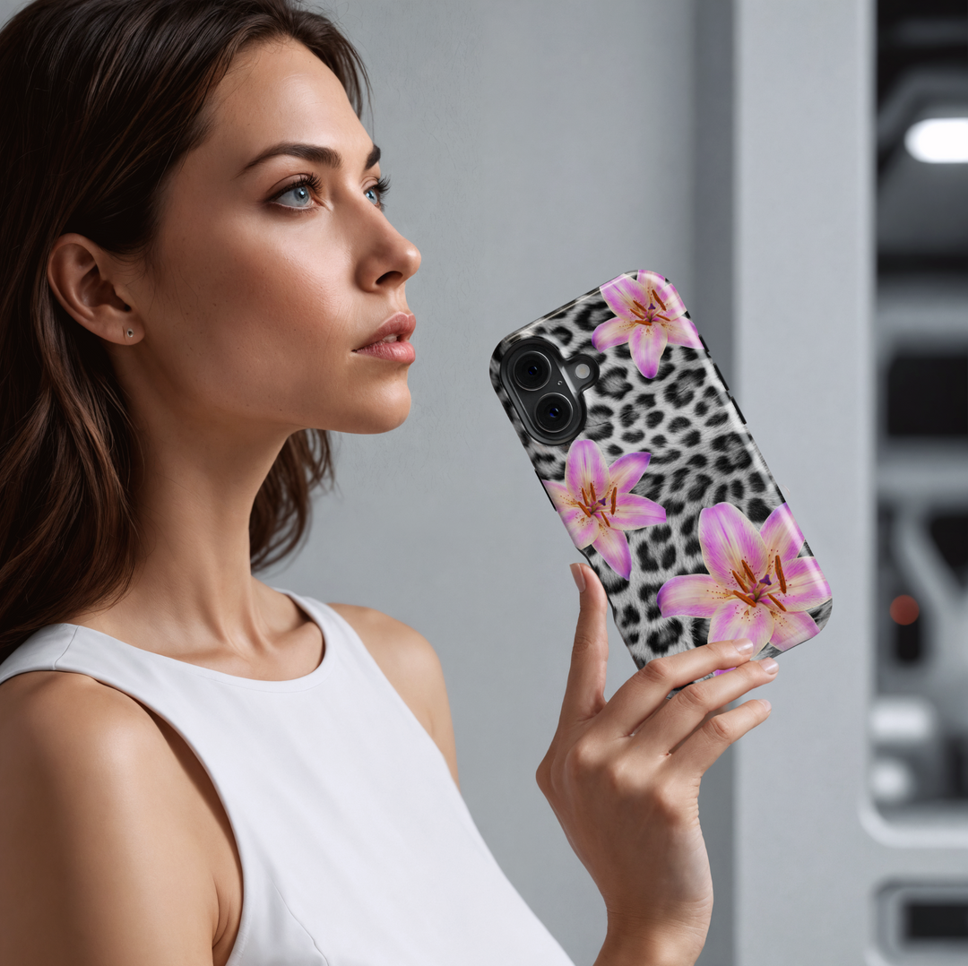 iPhone 16 Pro Max MagSafe case with black and white leopard print and pink lily floral design – feminine aesthetic protective case for iPhone 15 Pro and iPhone 16e