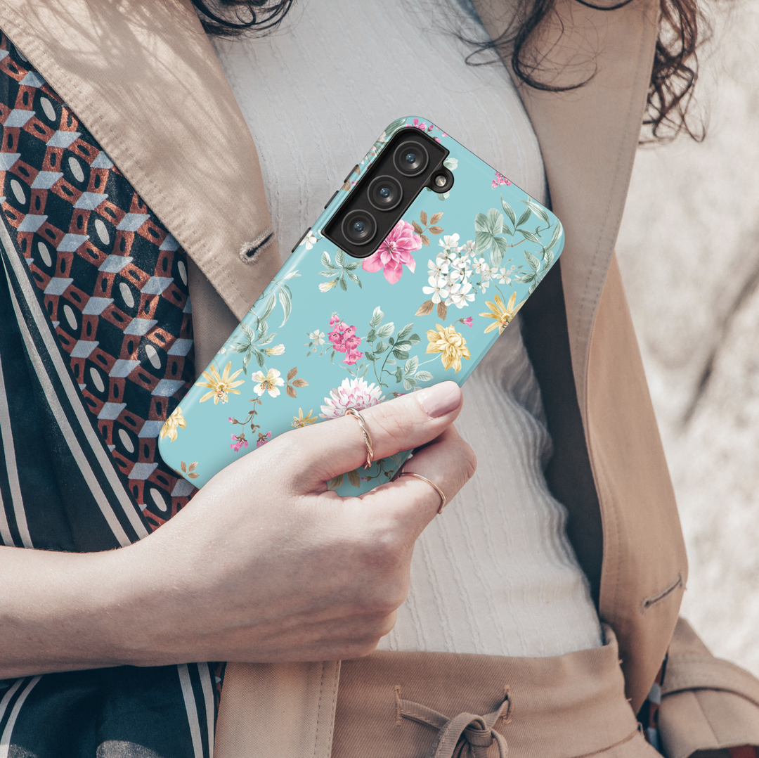 Aqua blue Samsung Galaxy case with multicolor vintage floral pattern – chic botanical protective phone cover for women