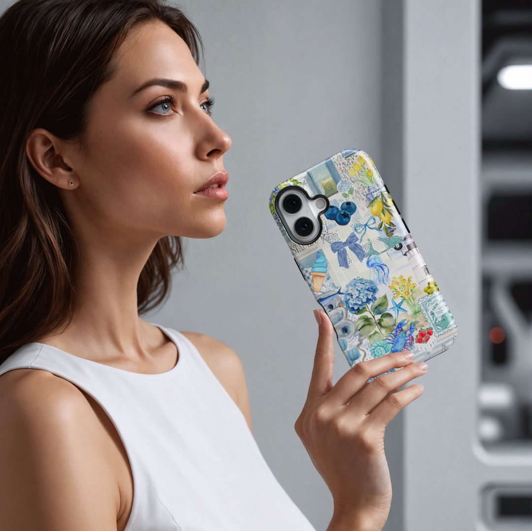 Coastal scrapbook collage iPhone case with hydrangeas, lighthouses, jellyfish, bows, and lemons – fits iPhone 16 Pro Max, iPhone 15, and MagSafe models with protective finish