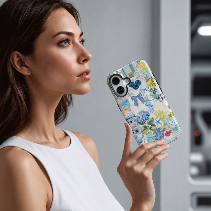 Coastal scrapbook collage iPhone case with hydrangeas, lighthouses, jellyfish, bows, and lemons – fits iPhone 16 Pro Max, iPhone 15, and MagSafe models with protective finish