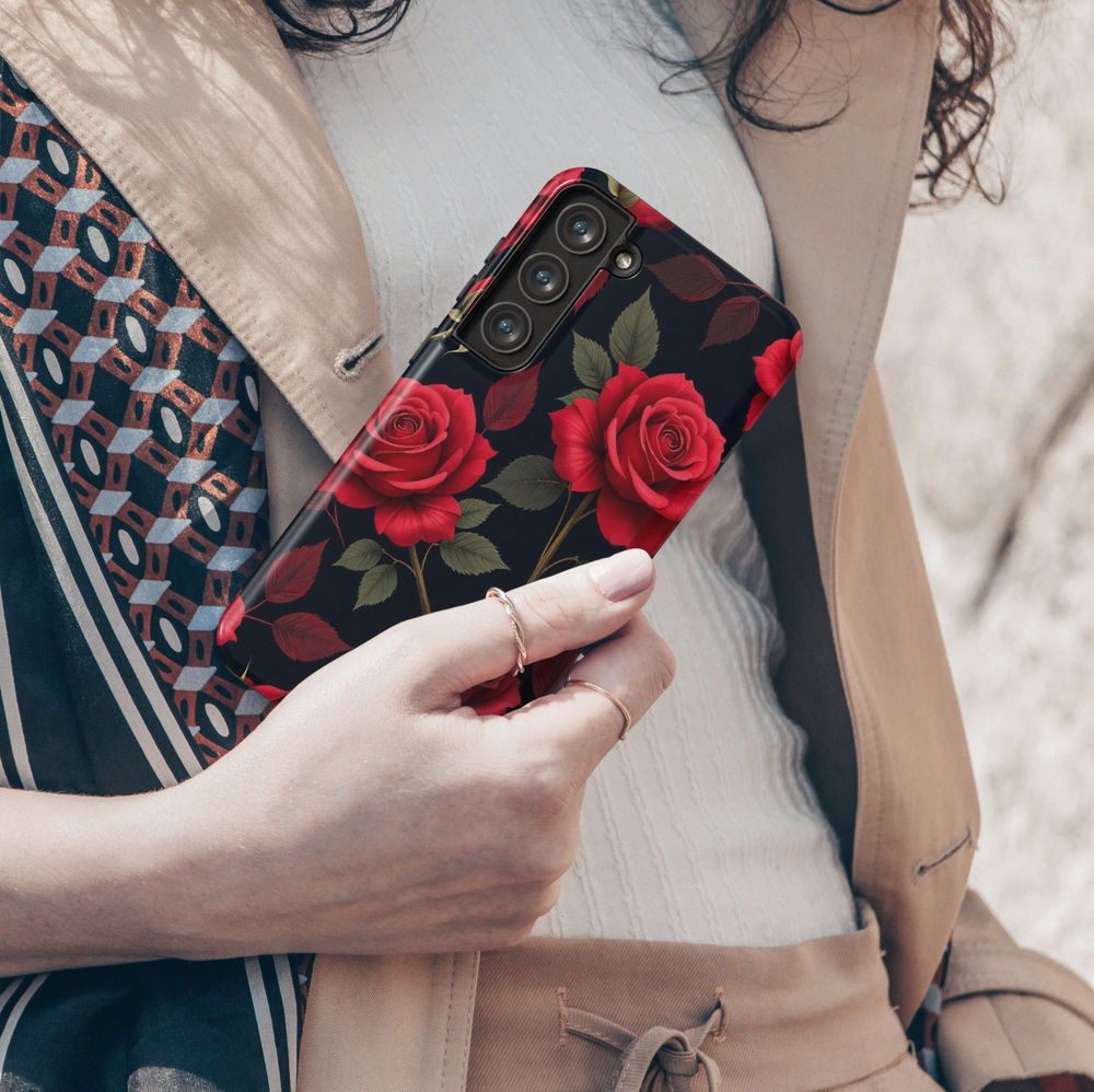 Black Samsung Galaxy case with red rose floral pattern – elegant romantic aesthetic phone cover for women