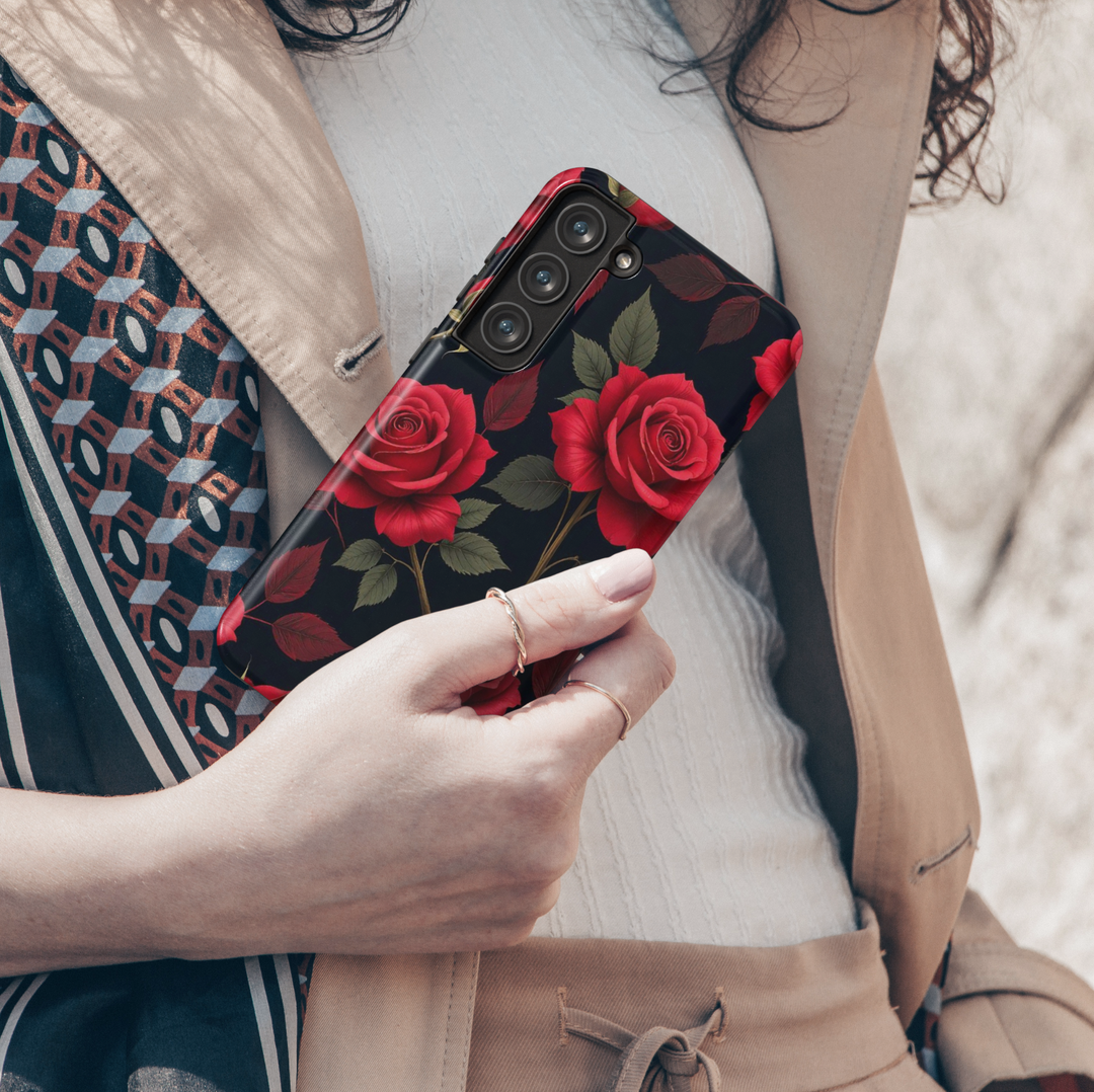 Black Samsung Galaxy case with red rose floral pattern – elegant romantic aesthetic phone cover for women