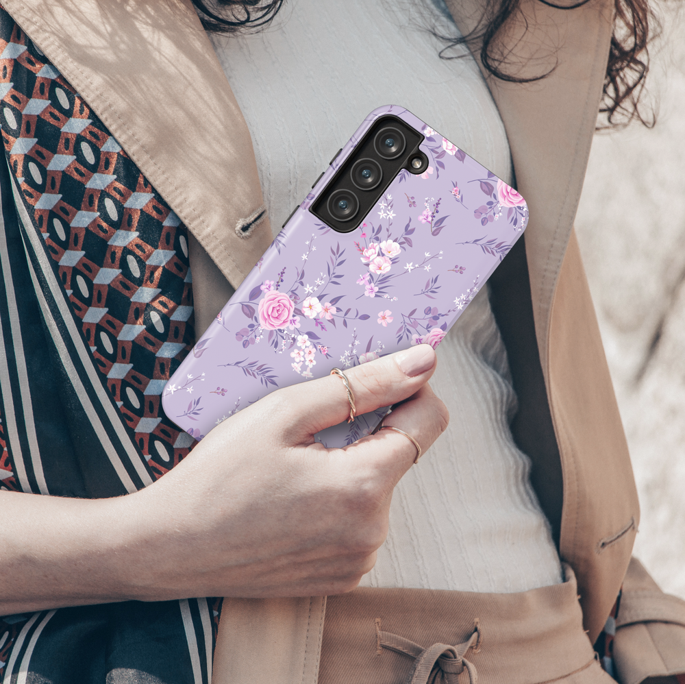 Pastel lavender Samsung Galaxy case with pink and white floral print – romantic aesthetic protective phone cover for women