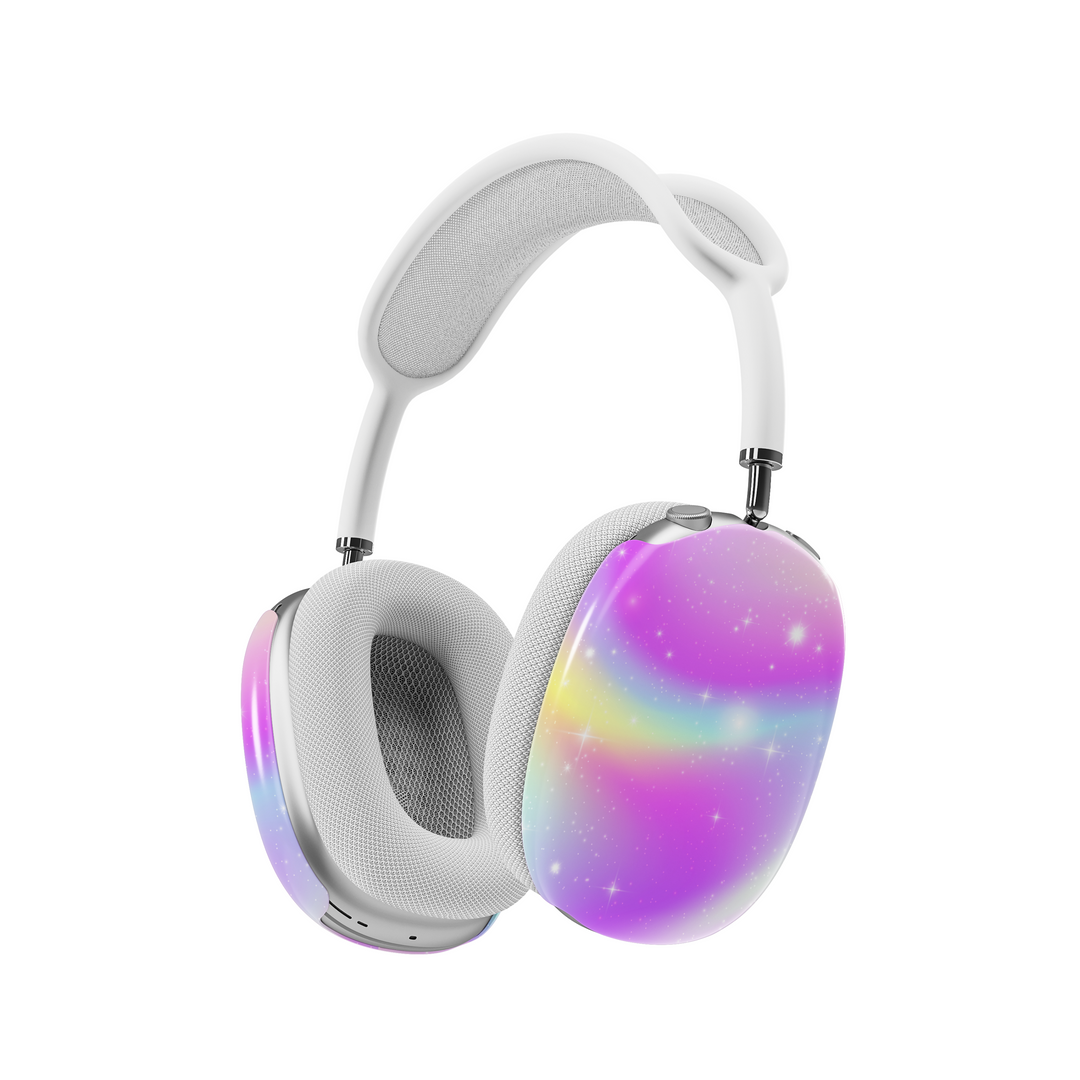 Pastel galaxy AirPods Max cover with sparkly rainbow swirls and stars, dreamy aesthetic headphone skin for Apple AirPods Max, cosmic music-themed tech accessory.
