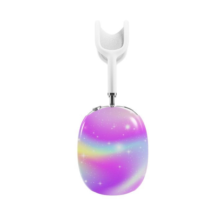 Pastel galaxy AirPods Max cover with sparkly rainbow swirls and stars, dreamy aesthetic headphone skin for Apple AirPods Max, cosmic music-themed tech accessory.
