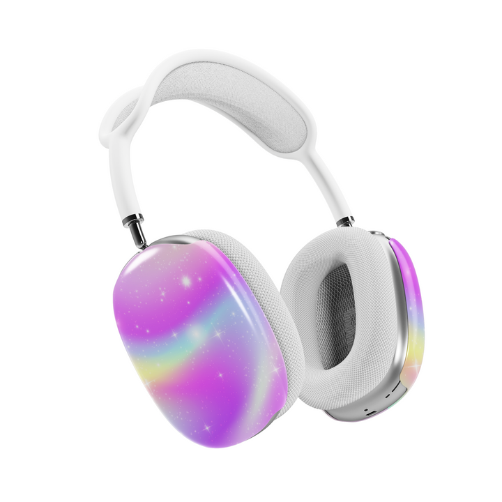 Pastel galaxy AirPods Max cover with sparkly rainbow swirls and stars, dreamy aesthetic headphone skin for Apple AirPods Max, cosmic music-themed tech accessory.