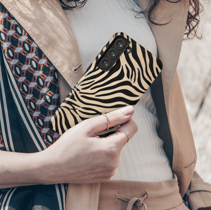 Trendy beige and black zebra print Samsung Galaxy phone case – bold animal pattern protective cover for women with a stylish safari aesthetic
