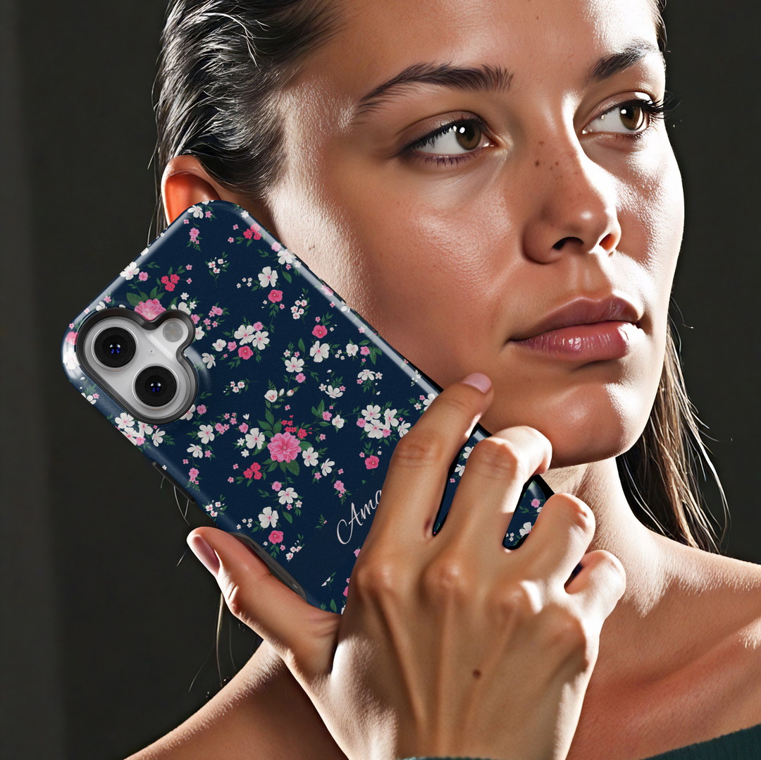 Custom navy floral phone case with small pink and white flowers, personalized name iPhone Samsung cover, spring botanical tough case