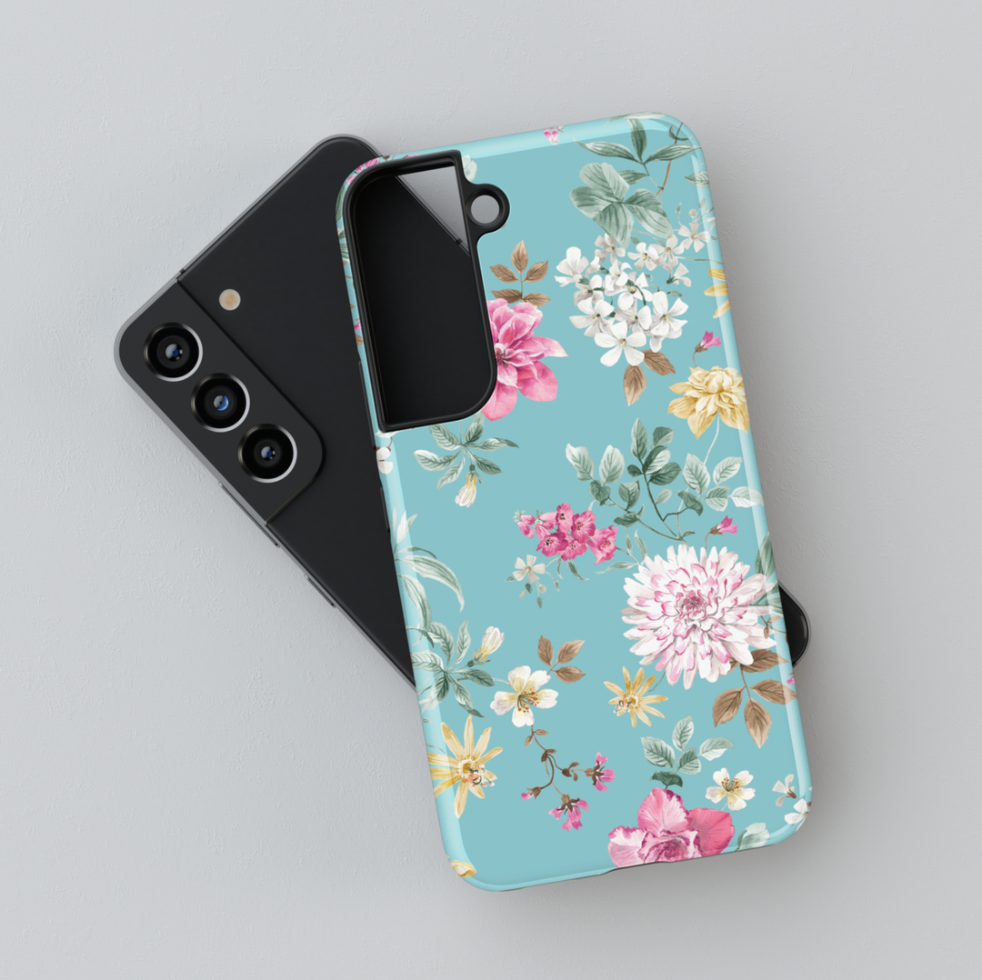 Aqua blue Samsung Galaxy case with multicolor vintage floral pattern – chic botanical protective phone cover for women