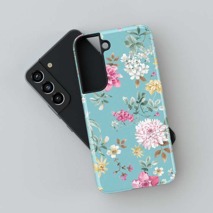 Aqua blue Samsung Galaxy case with multicolor vintage floral pattern – chic botanical protective phone cover for women