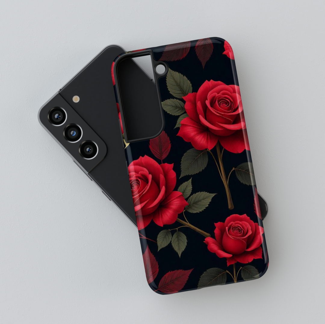 Black Samsung Galaxy case with red rose floral pattern – elegant romantic aesthetic phone cover for women