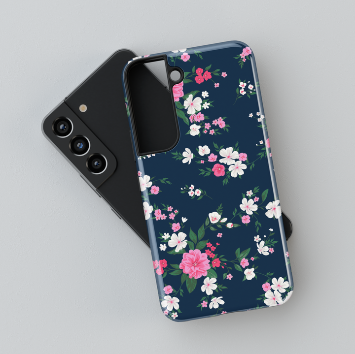 Navy blue Samsung Galaxy case with pink and white floral design – elegant and feminine aesthetic protective phone cover