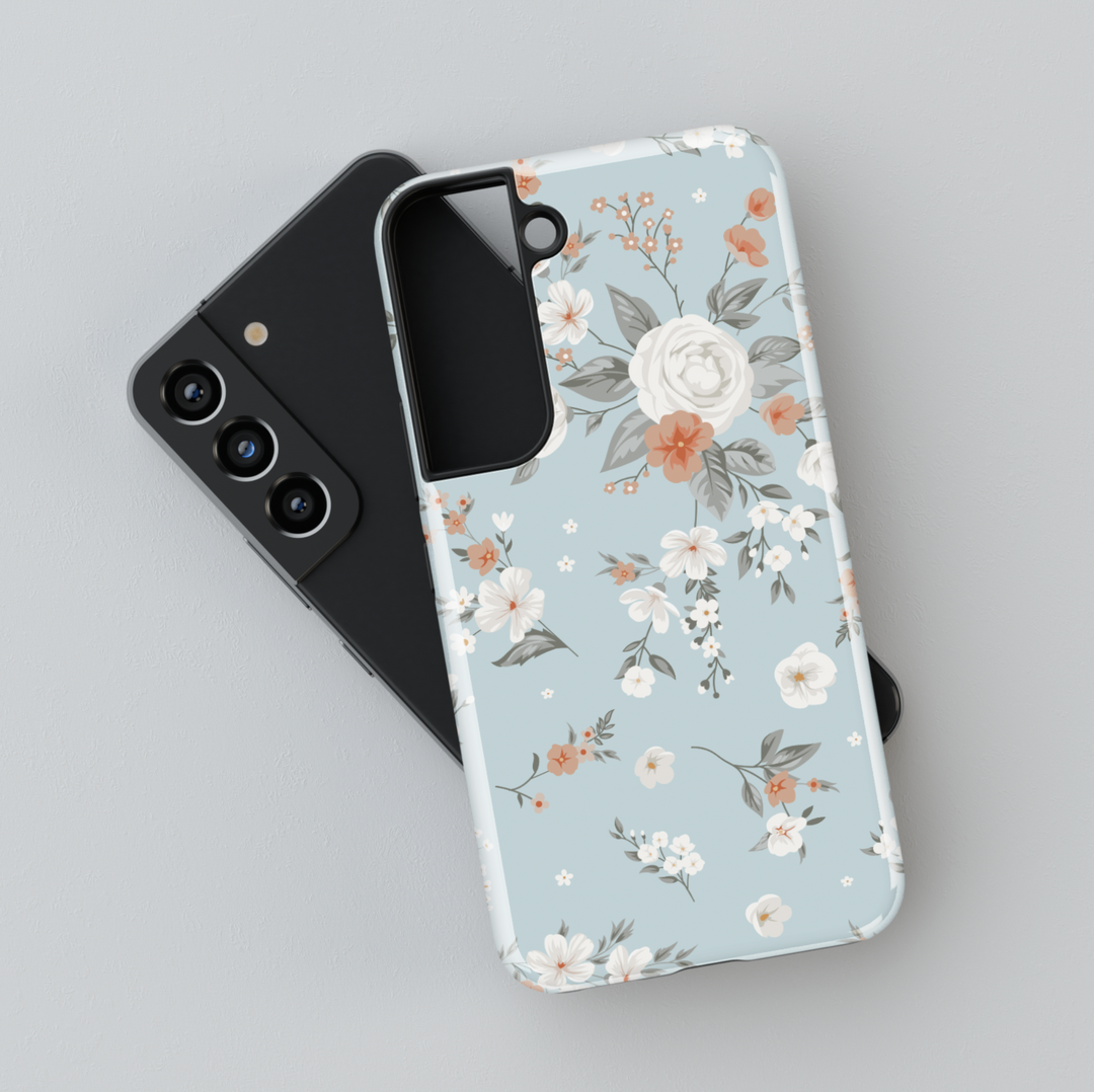 Light blue Samsung Galaxy case with white and peach floral print – soft romantic vintage-inspired aesthetic protective phone cover