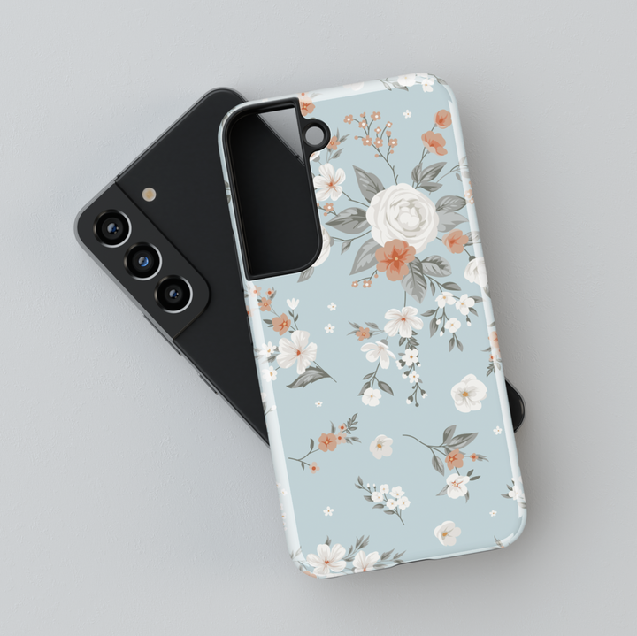 Light blue Samsung Galaxy case with white and peach floral print – soft romantic vintage-inspired aesthetic protective phone cover