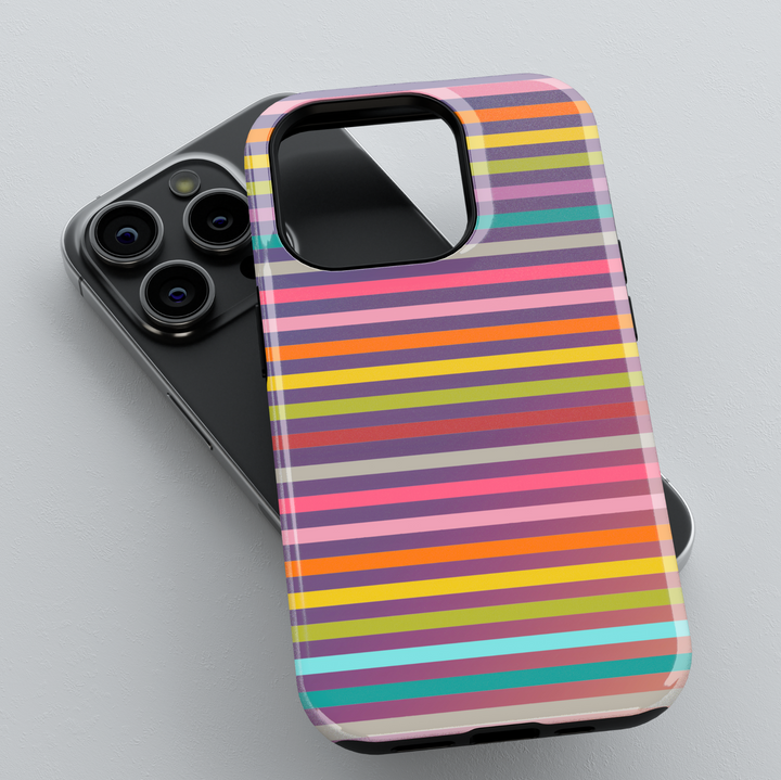 iPhone 16 colorful striped case for women – aesthetic MagSafe phone cover with rainbow pastel lines and glossy finish