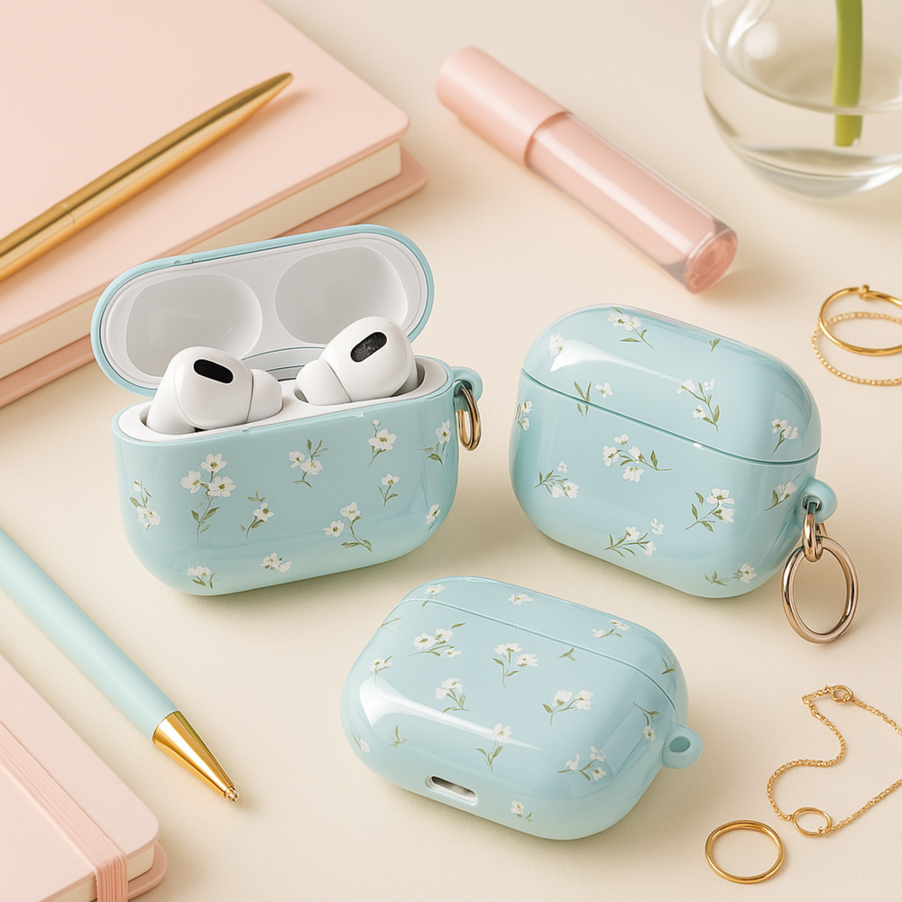 Light blue AirPods case with delicate white floral design and silver keyring, soft minimal aesthetic protective cover for AirPods Pro or AirPods 3.