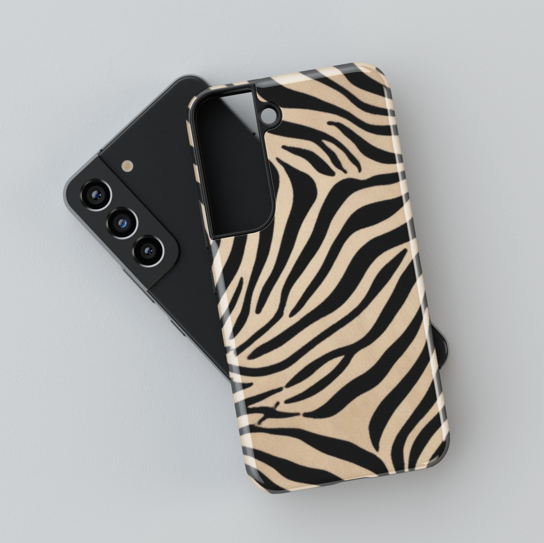 Trendy beige and black zebra print Samsung Galaxy phone case – bold animal pattern protective cover for women with a stylish safari aesthetic