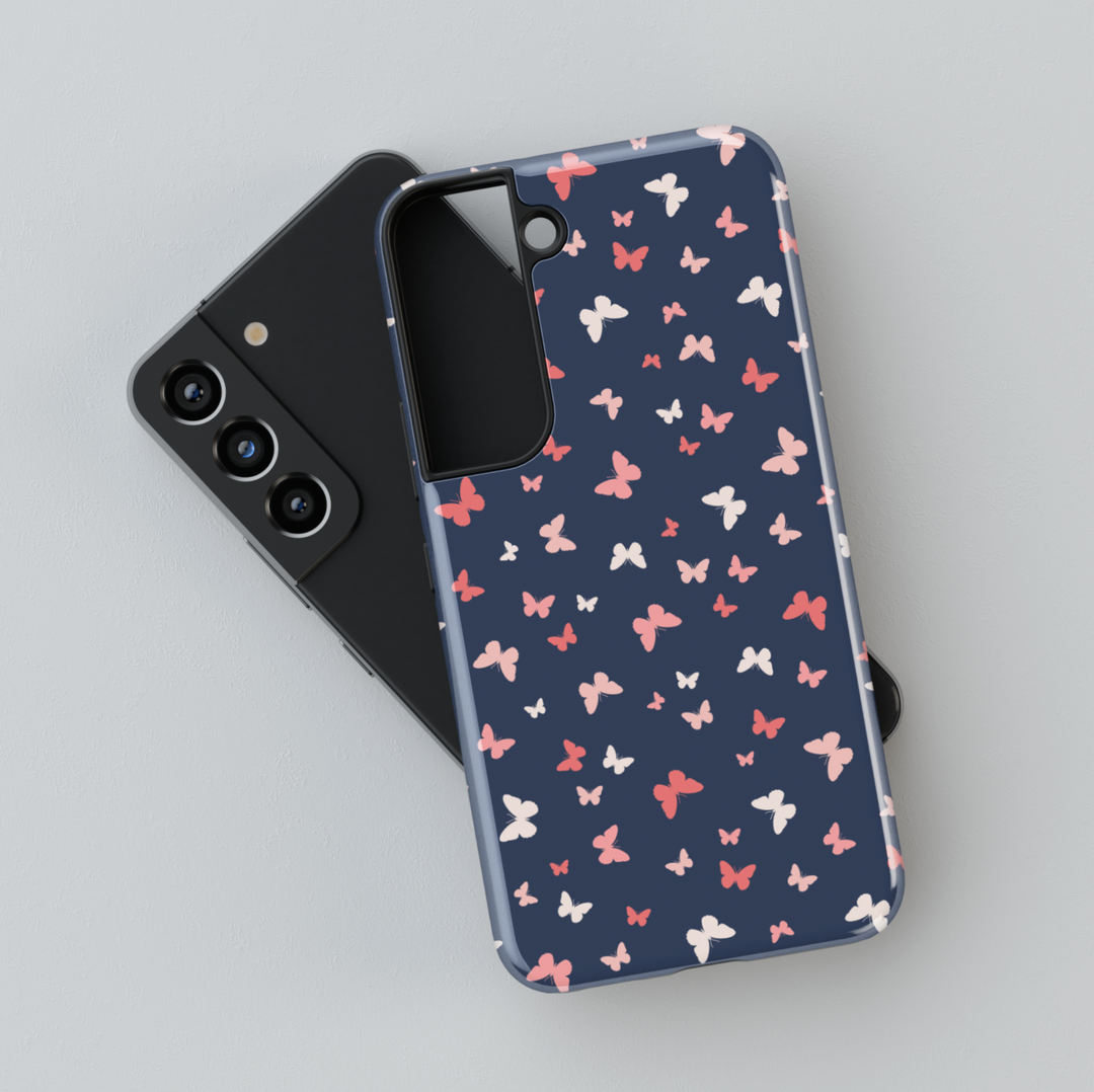 Cute navy blue Samsung Galaxy case with pink and white butterfly pattern – girly and aesthetic protective cover for women