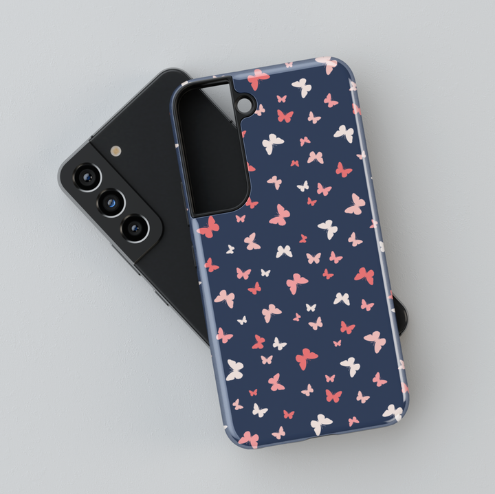 Cute navy blue Samsung Galaxy case with pink and white butterfly pattern – girly and aesthetic protective cover for women