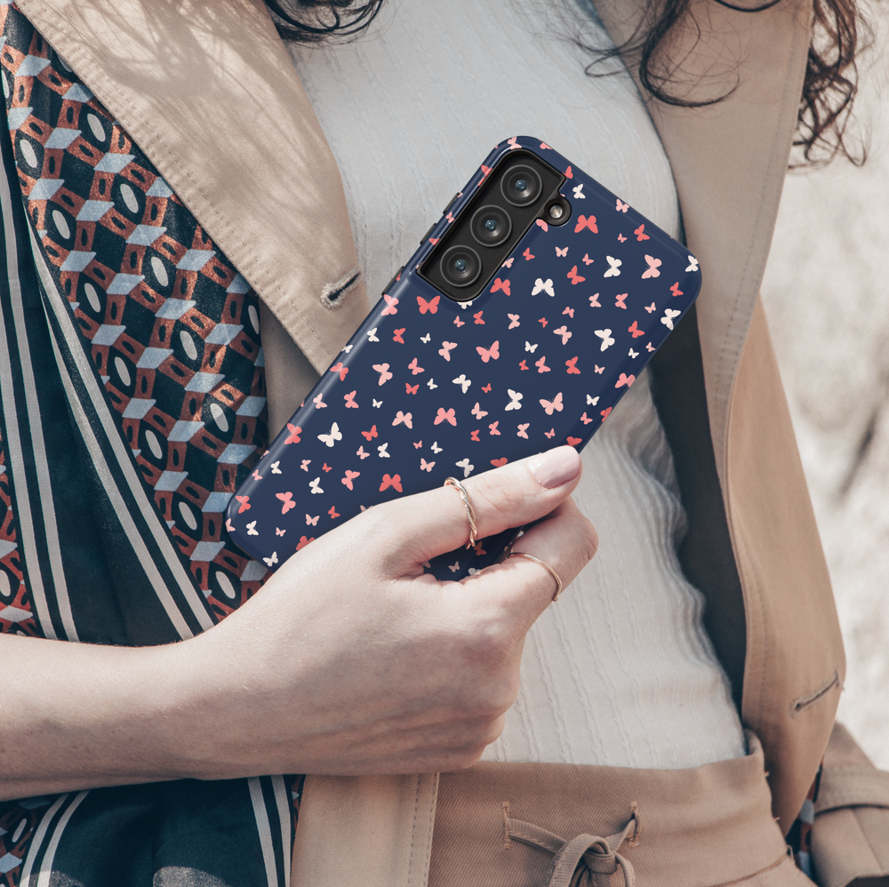 Cute navy blue Samsung Galaxy case with pink and white butterfly pattern – girly and aesthetic protective cover for women