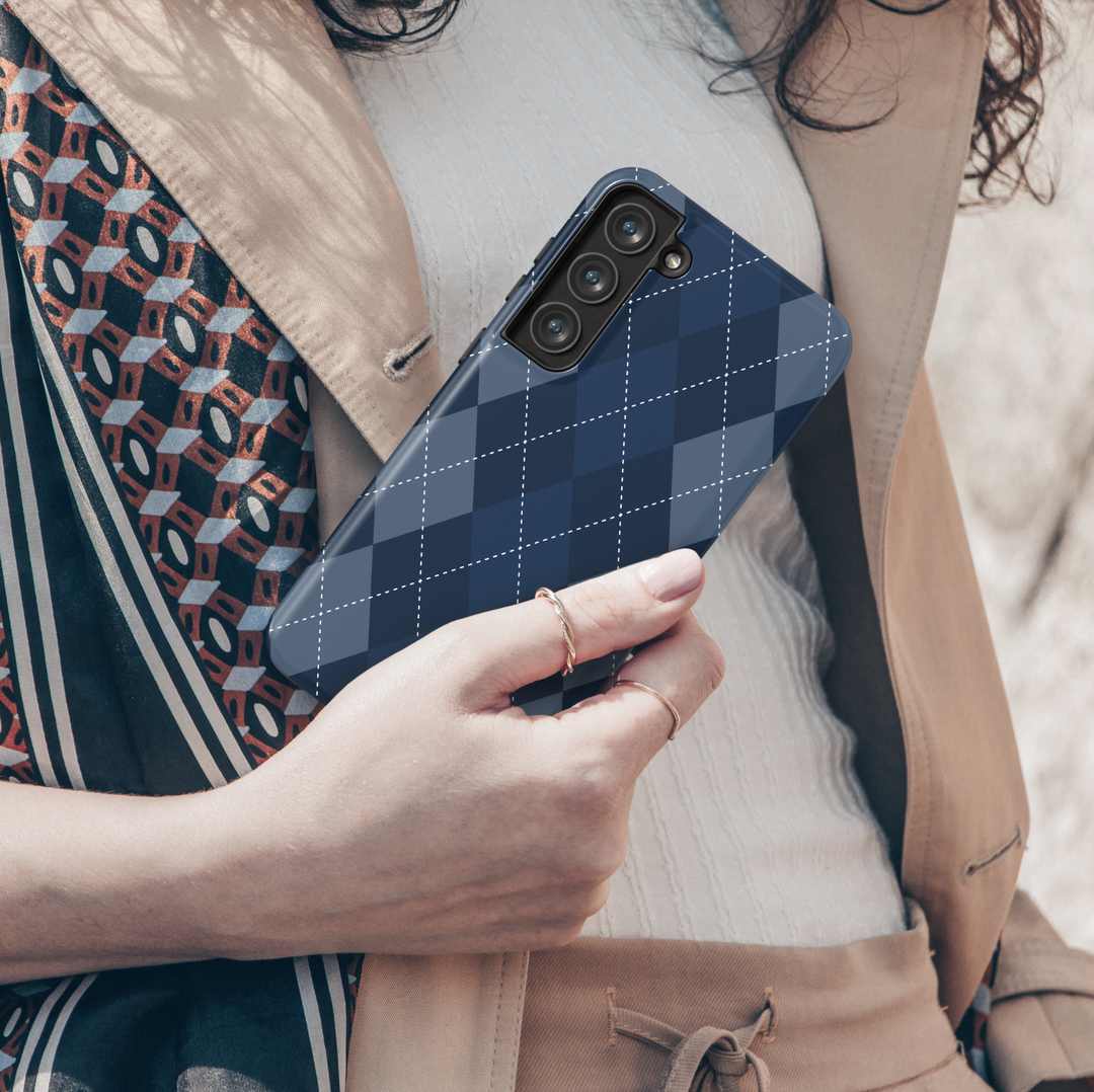 Preppy navy blue argyle Samsung Galaxy phone case – glossy classic check design for stylish women, protective and aesthetic