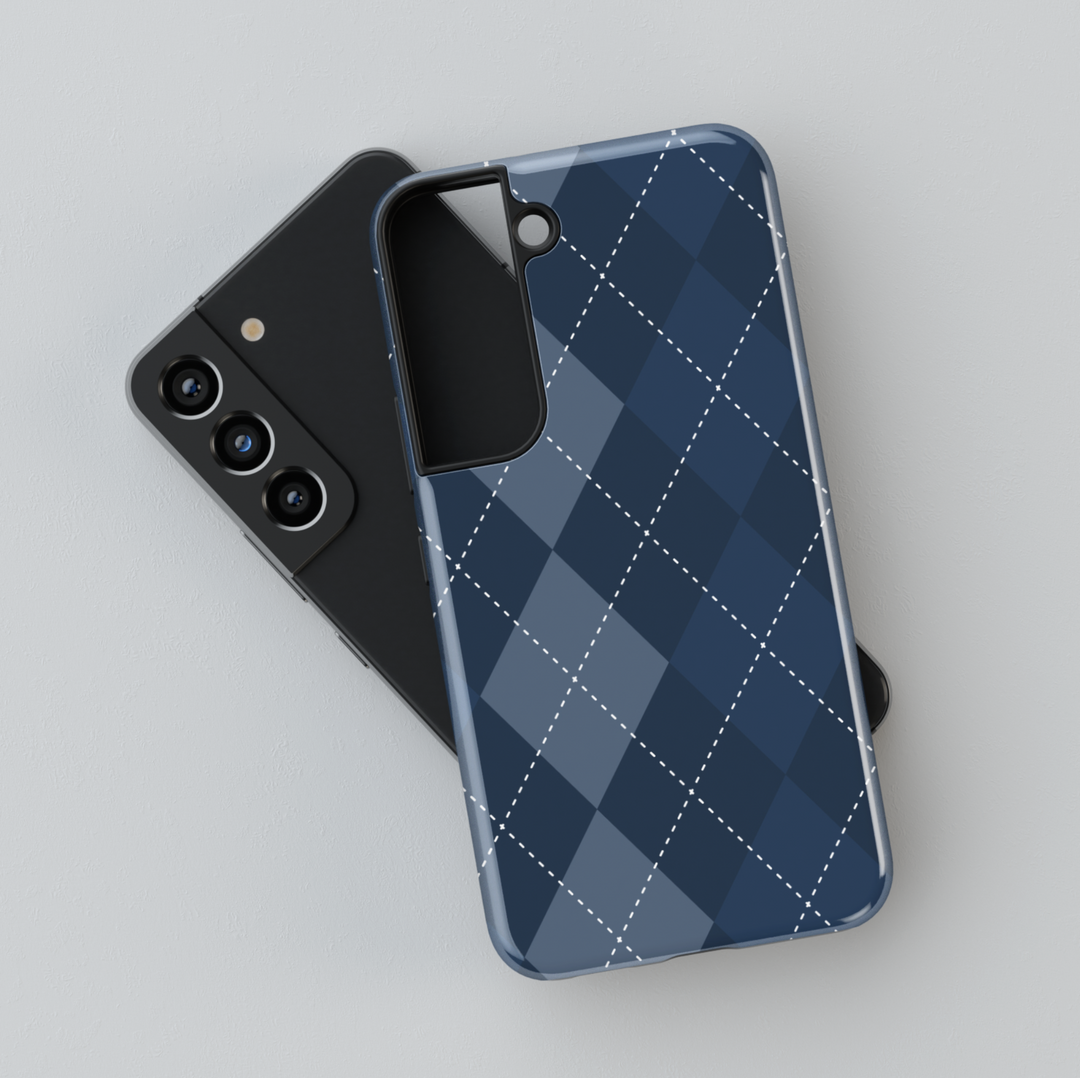 Preppy navy blue argyle Samsung Galaxy phone case – glossy classic check design for stylish women, protective and aesthetic