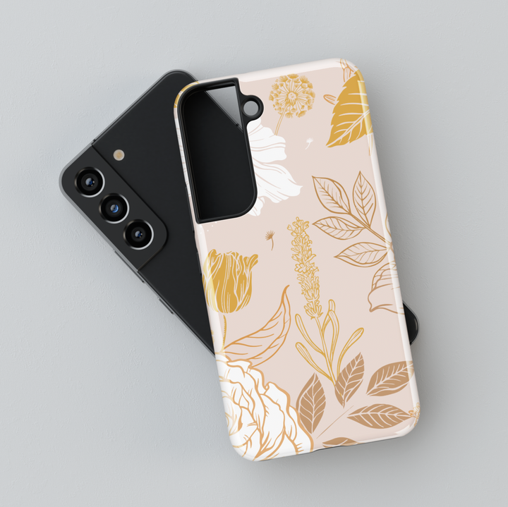 Chic floral Samsung Galaxy case with nude background and golden rose design – feminine aesthetic protective phone cover for women
