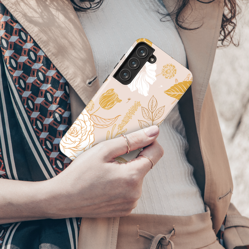 Chic floral Samsung Galaxy case with nude background and golden rose design – feminine aesthetic protective phone cover for women