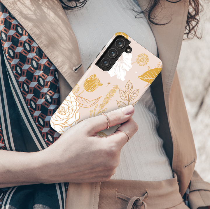 Chic floral Samsung Galaxy case with nude background and golden rose design – feminine aesthetic protective phone cover for women