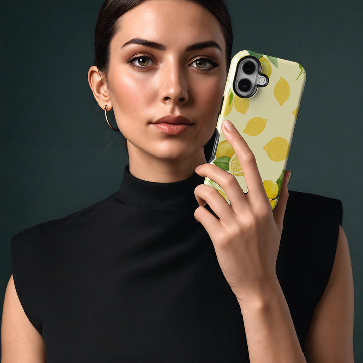 iPhone 16 case with lemon fruit design, yellow citrus pattern phone case for women, cute girly MagSafe iPhone case with soft pastel background