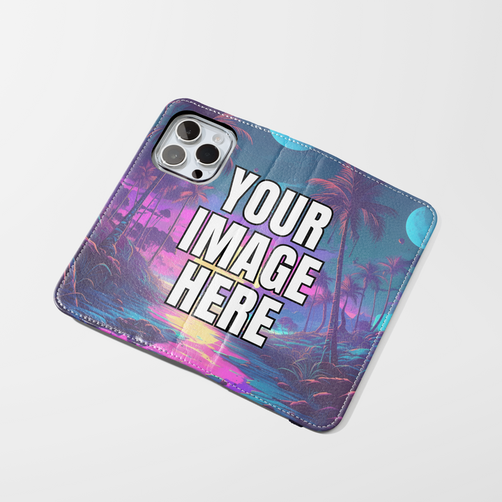 Personalized vegan leather wallet phone case featuring a custom photo print. This folio-style flip cover includes a magnetic closure for secure protection. Ideal for iPhone 15 Pro, Samsung Galaxy S24 Ultra, Google Pixel 9, and more. Customizable with your favorite picture, making it a thoughtful and stylish keepsake