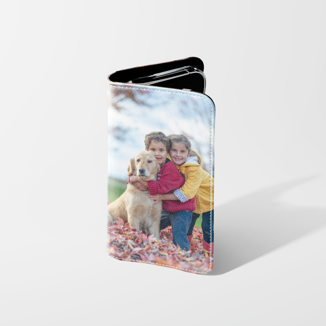 Personalized vegan leather wallet phone case featuring a custom photo print. This folio-style flip cover includes a magnetic closure for secure protection. Ideal for iPhone 15 Pro, Samsung Galaxy S24 Ultra, Google Pixel 9, and more. Customizable with your favorite picture, making it a thoughtful and stylish keepsake