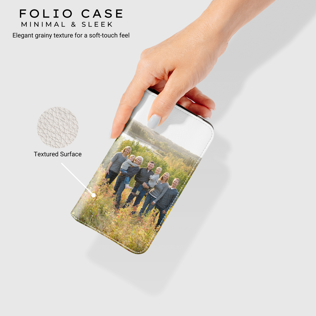 Personalized vegan leather wallet phone case featuring a custom photo print. This folio-style flip cover includes a magnetic closure for secure protection. Ideal for iPhone 15 Pro, Samsung Galaxy S24 Ultra, Google Pixel 9, and more. Customizable with your favorite picture, making it a thoughtful and stylish keepsake