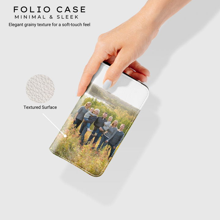 Personalized vegan leather wallet phone case featuring a custom photo print. This folio-style flip cover includes a magnetic closure for secure protection. Ideal for iPhone 15 Pro, Samsung Galaxy S24 Ultra, Google Pixel 9, and more. Customizable with your favorite picture, making it a thoughtful and stylish keepsake