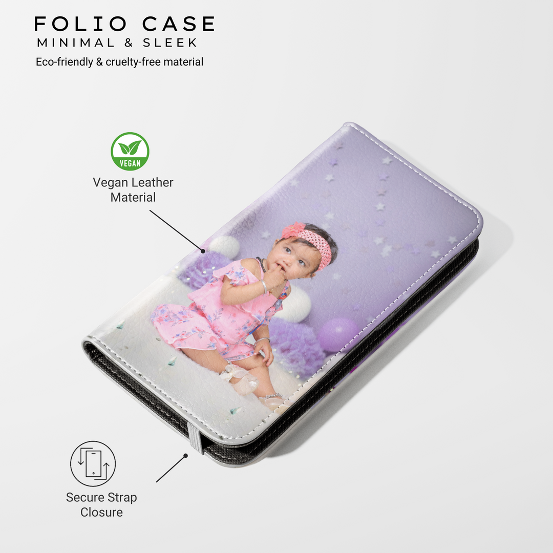 Personalized vegan leather wallet phone case featuring a custom photo print. This folio-style flip cover includes a magnetic closure for secure protection. Ideal for iPhone 15 Pro, Samsung Galaxy S24 Ultra, Google Pixel 9, and more. Customizable with your favorite picture, making it a thoughtful and stylish keepsake