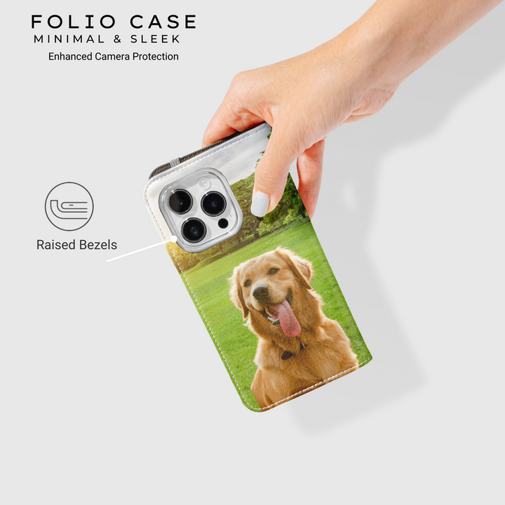 Personalized vegan leather wallet phone case featuring a custom photo print. This folio-style flip cover includes a magnetic closure for secure protection. Ideal for iPhone 15 Pro, Samsung Galaxy S24 Ultra, Google Pixel 9, and more. Customizable with your favorite picture, making it a thoughtful and stylish keepsake