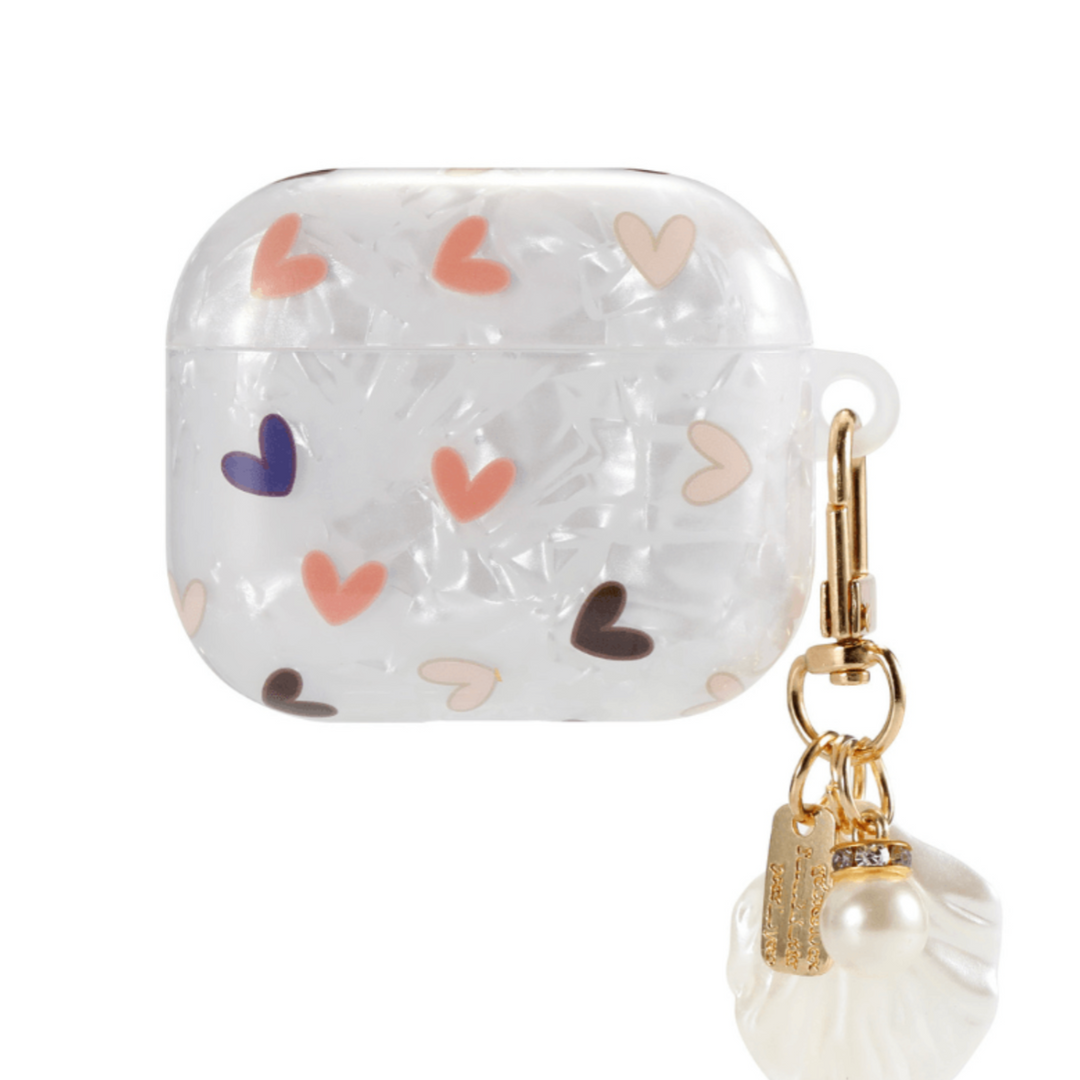 Opal AirPods case with Hearts print and silver keychain—pastel aesthetic and soft feminine design.
