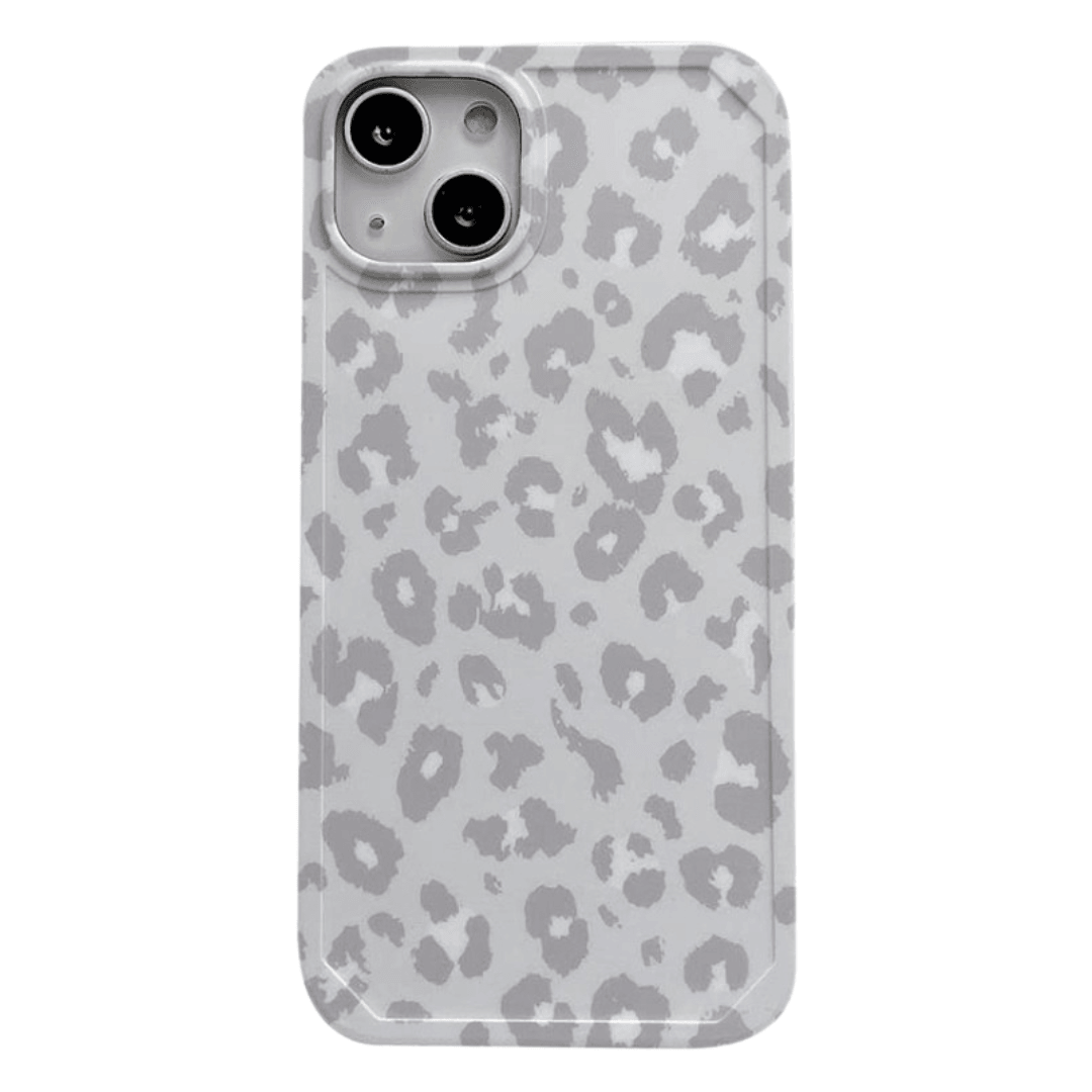 Gray leopard print iPhone and Samsung case – trendy animal print phone cover with soft neutral tones. Stylish protective phone case for women, perfect for minimalist and modern aesthetics. Ideal for gifting or everyday fashion accessories.