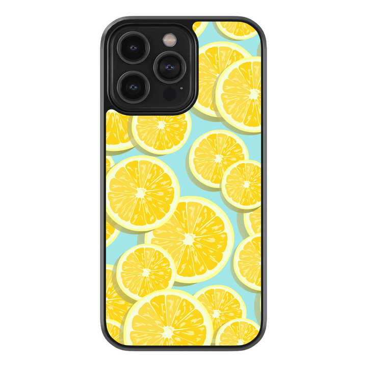 Phone case featuring yellow lemon slices on a light blue background – cute fruit summer aesthetic for iPhone and Samsung