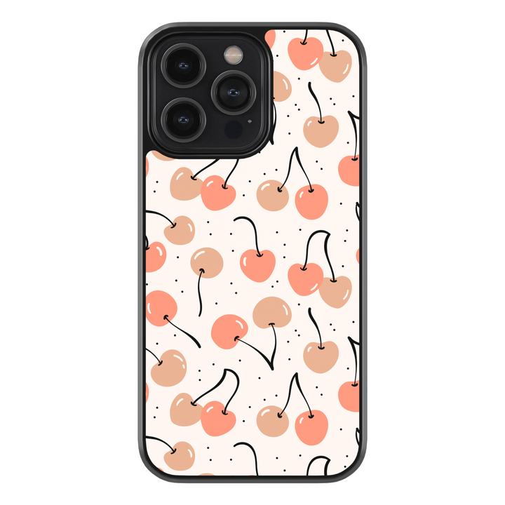 Minimal peach and coral cherry phone case with dotted background – aesthetic fruit design for iPhone and Samsung models